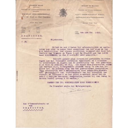 Brief van de Bestuurder van de Dienst der Onteigeningen 29-05-1923 1/1 © Gemeentearchief Heuvelland