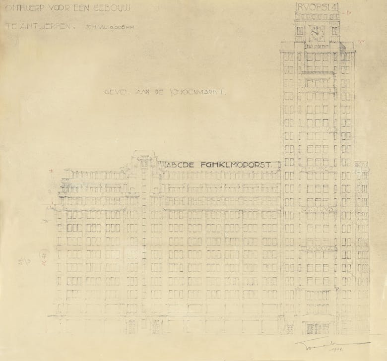 Emiel Van Averbeke, gevelontwerp Schoenmarkt gevoegd bij de verkoopsdocumenten van de bouwgrond, 1928