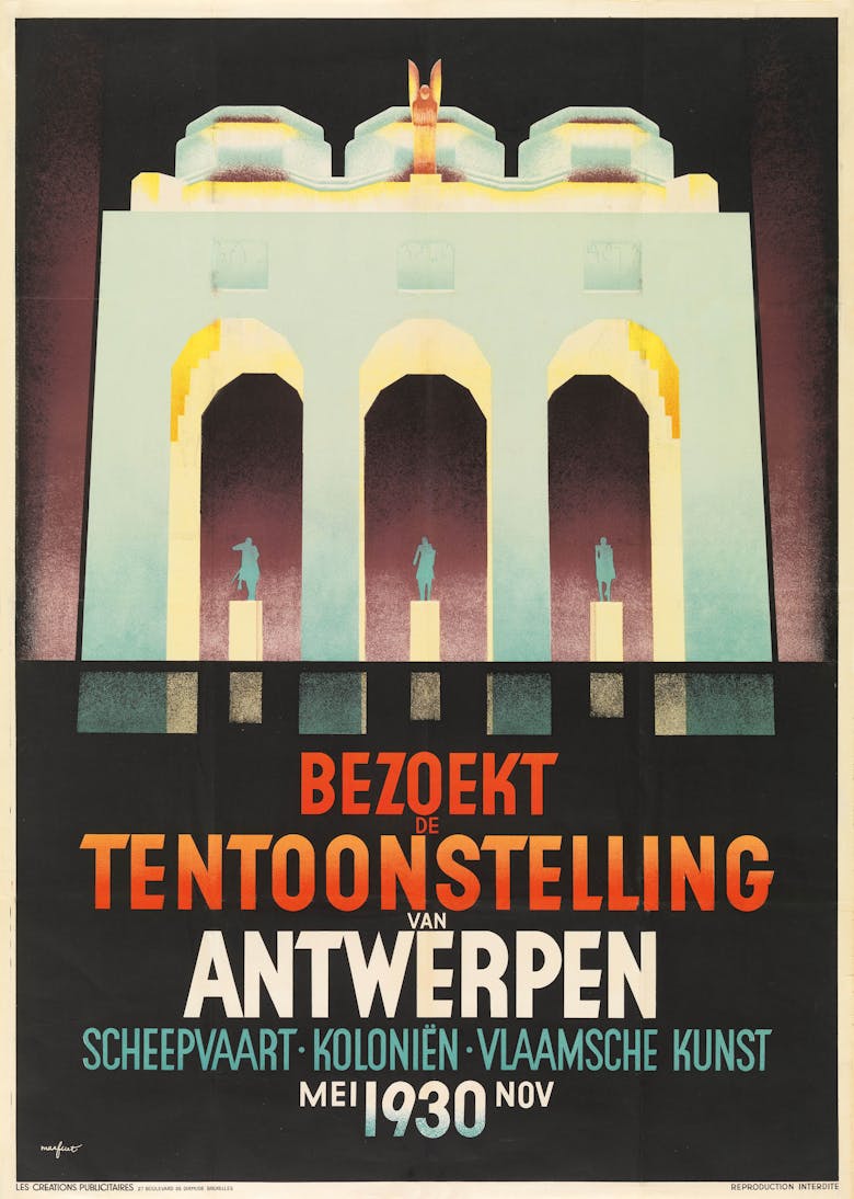 Léo Marfurt, affiche voor de Antwerpse wereldtentoonstelling van 1930, met verlichte triomfboog, 1930