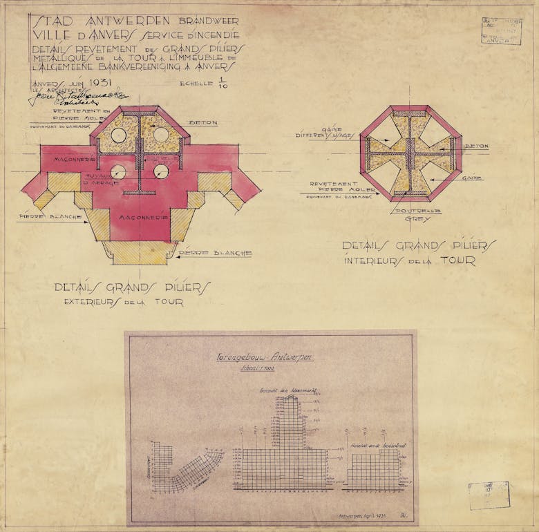 Jan Vanhoenacker, schematische voorstelling staalskelet en detailtekening kolombekleding van de Boerentoren in Antwerpen, 1931