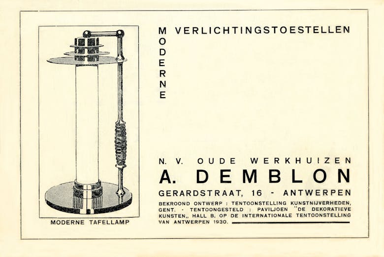 Advertentie voor ‘Moderne verlichtingstoestellen’ van de Antwerpse firma A. Demblon, 1930