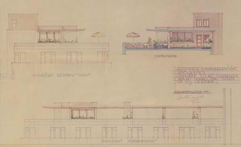 Jan Vanhoenacker, ontwerp voor de terrasoverdekking op de 10de verdieping, april 1931