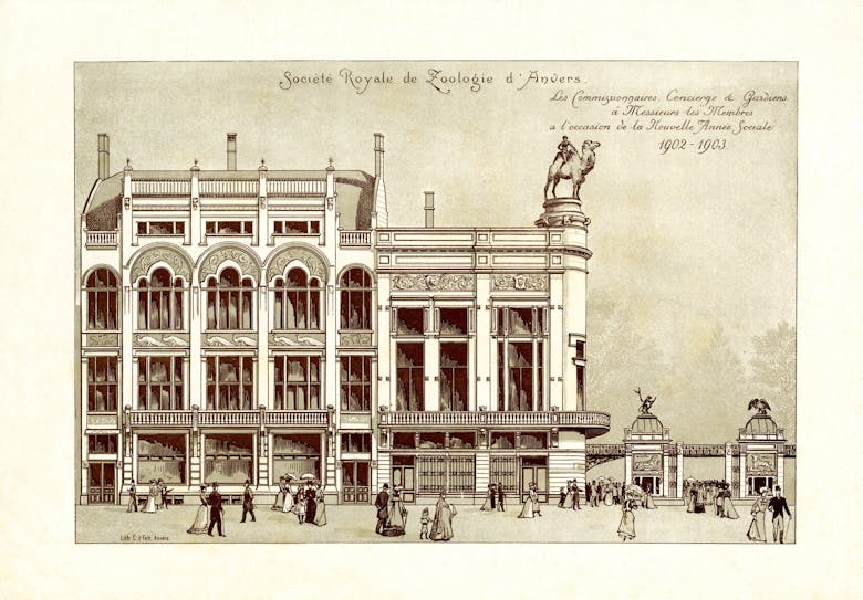 Emile Thielens, met medewerking van Emiel Van Averbeke, hoekgebouw met de administratieve zetel met daarnaast het restaurant Paon Royal, de directeurswoning en winkels, 1899