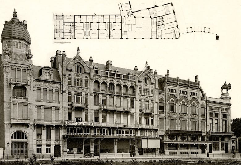 Emile Thielens, met medewerking van Emiel Van Averbeke, hoekgebouw met de administratieve zetel, met daarnaast het restaurant Paon Royal, de directeurswoning en winkels, 1899