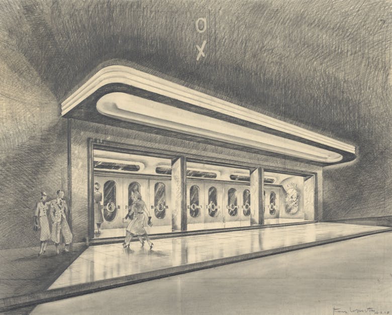 Frans Laporta, presentatietekening van de cinema Kinox, met neonverlichting, 1938