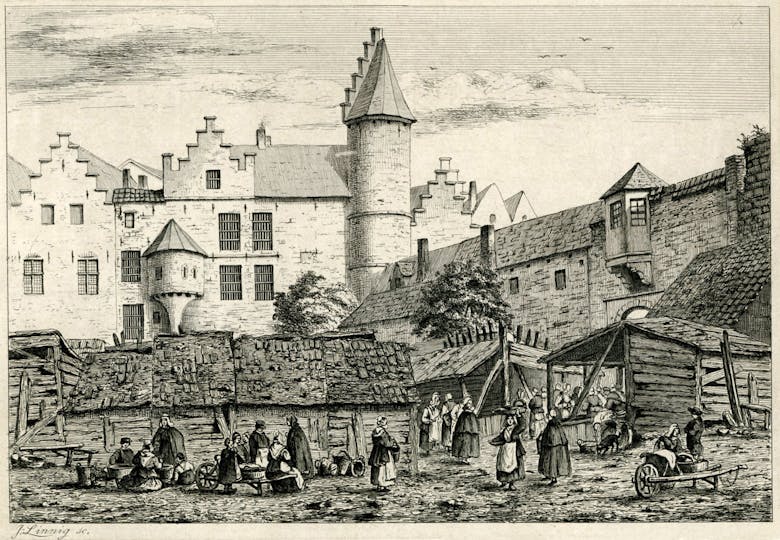 De oude Vismarkt, met op de achtergrond Het Steen. Gravure van Jozef Linnig, 1868