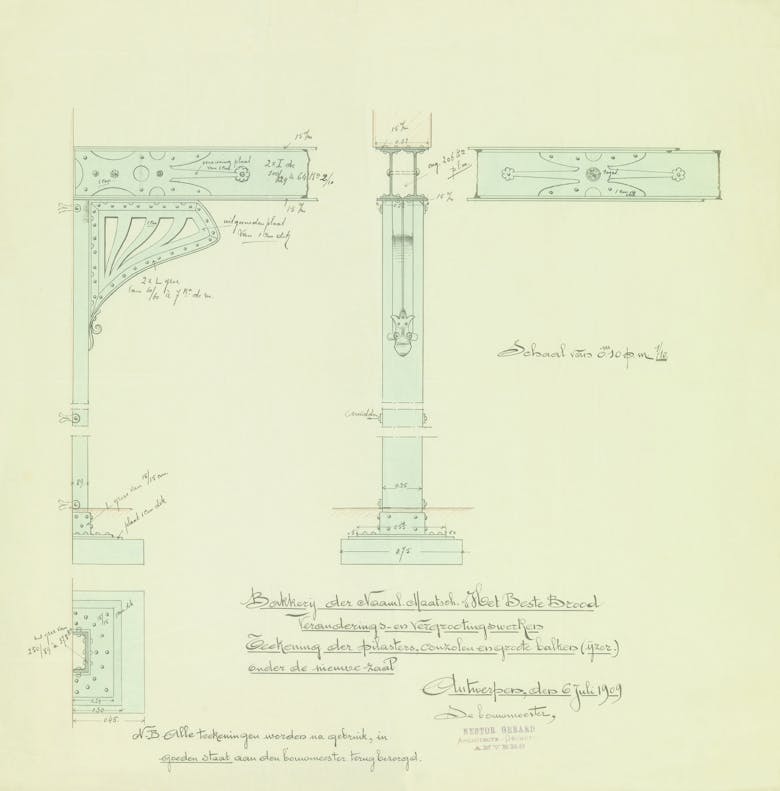 Nestor Gerard, ijzeren kolommen, balken en consoles van de bakkerij Het Beste Brood in Antwerpen, 1909