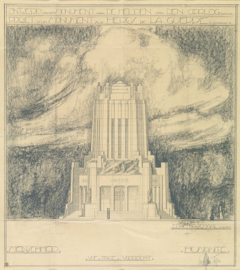 Léon Stynen in samenwerking met beeldhouwer Guillaume Dumont, herdenkingsmonument in Antwerpen, 1922