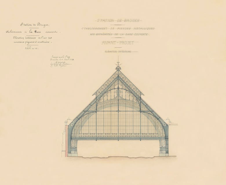 Hendrik Beyaert, voorontwerp voor een perronoverkapping van het station van Brugge, 1884 (niet uitgevoerd)