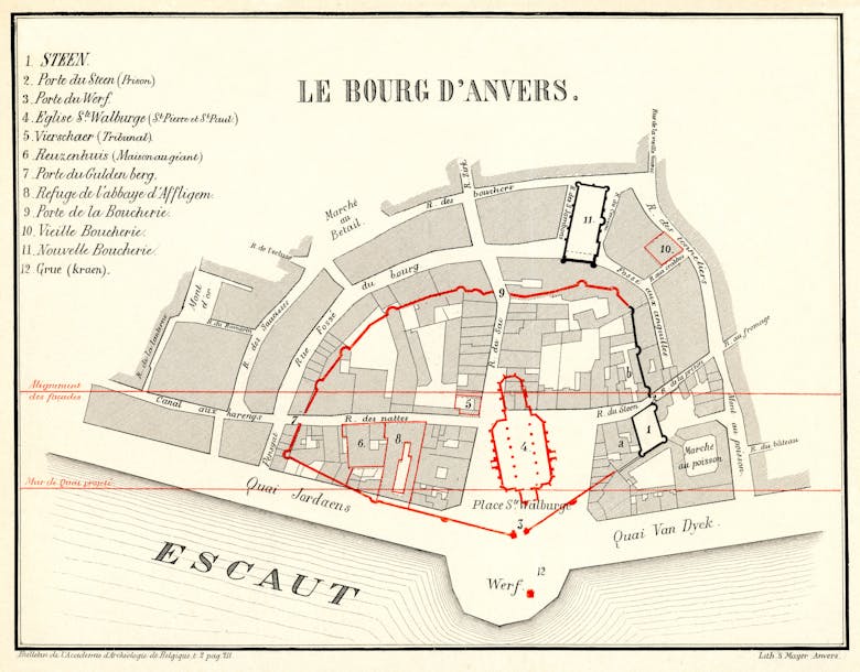 De burcht van Antwerpen, met aanduiding van de nieuwe Scheldekaaien, 1877