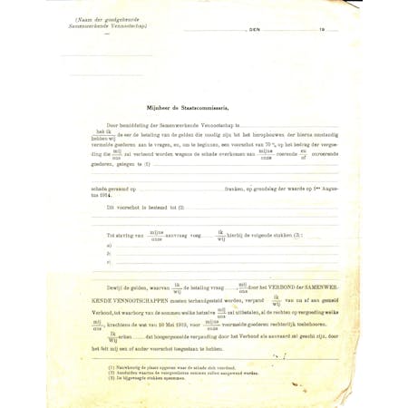 Aanvraagformulier voor een voorschot van 70% door bemiddeling van een Samenwerkende Vennootschap 25-10-1923 1/2 © Stadsarchief Ieper