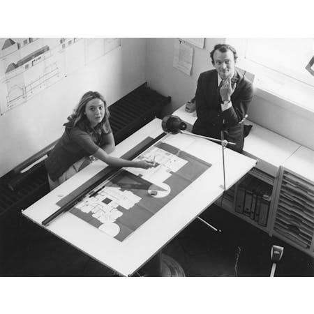 Claire Bataille and Paul Ibens at the drawing table with a design for the convent 'Zusters der Heilige Familie' in Brecht, ca. 1968, Collection Flanders Architecture Institute | Collection Flemish Community, image © Paul Lambert