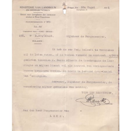 Brief in naam van de Bestuurder van de Dienst voor Heropbouw der Verwoeste Streken in West-Vlaanderen 30-08-1922 1/1 © Stadsarchief Diksmuide