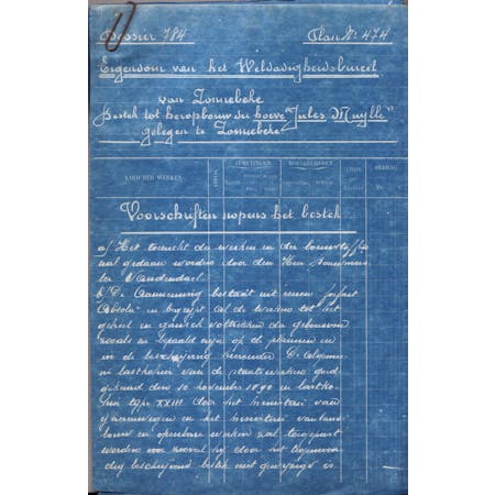 'Bestek tot heropbouw der hoeve 'Jules Muylle' te Zonnebeke' 06-01-1923 1/4 © Gemeentearchief Zonnebeke