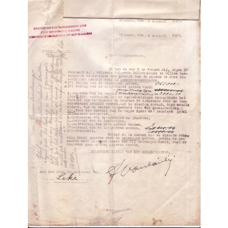 Brief van A. Van Caillie, Afgevaardigde van het Middenbestuur van de Dienst der Verwoeste Gewesten 09-01-1925 1/1 © Stadsarchief Diksmuide