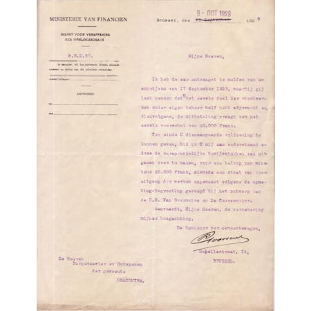 Brief van R. Goossens, Opziener van Gemeentewegen bij de Dienst voor Vereffening der Oorlogsschade 03-10-1929 1/1 © Gemeentearchief Heuvelland