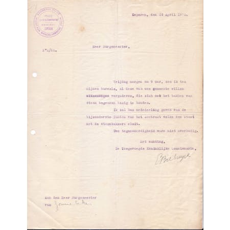 Brief van Toegevoegd Hoog Koninklijk Commissaris Eugène Biebuyck 19-04-1920 1/1 © Gemeentearchief Zonnebeke