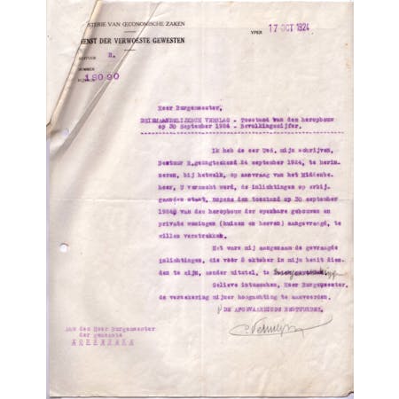 Brief van C. Verwilghen, Afgevaardigd Bestuurder van de Dienst der Verwoeste Gewesten 16-10-1925 1/1 © Gemeentearchief Zonnebeke