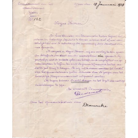 Brief van Arrondissementscommissaris Clinckemaille 19-01-1924 1/1 © Gemeentearchief Heuvelland