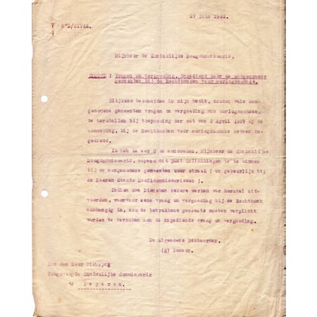 Afschrift van een brief van Albert Demeur, Algemeen Bestuurder van de Dienst der Verwoeste Gewesten 27-06-1922 1/1 © Stadsarchief Ieper