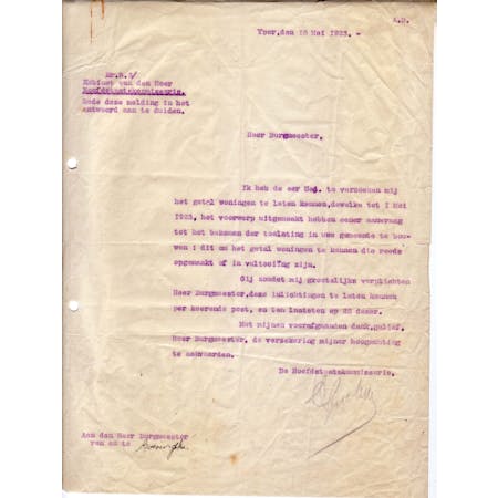 Brief van Hoofdstaatscommissaris Esquelin 18-05-1923 1/1 © Stadsarchief Ieper