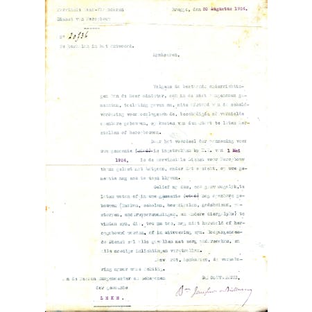 Brief van Provinciegouverneur Janssens de Bisthoven 20-08-1924 1/1 © Stadsarchief Diksmuide