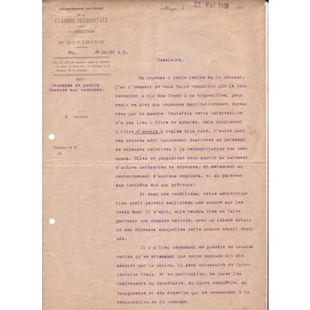 Brief van Provinciegouverneur Janssens de Bisthoven 23-05-1919 1/2 © Stadsarchief Ieper