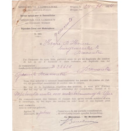 Brief van L Boereboom als bestuurder van de Bijzondere Dienst voor Wederopbouw 24-11-1924 1/1 © Gemeentearchief Heuvelland
