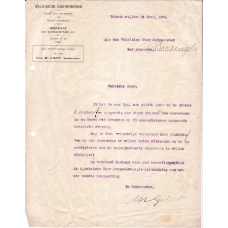 Brief van M. Gilot, Bestuurder van de Dienst voor het Herstel van West-Vlaanderen van de Boerenbond 16-06-1921 1/1 © Stadsarchief Ieper
