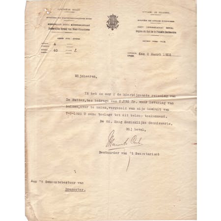 Brief van Maurits Cocle, Bestuurder van het Secretariaat van de Dienst der Verwoeste Gewesten 08-03-1922 1/1 © Gemeentearchief Heuvelland