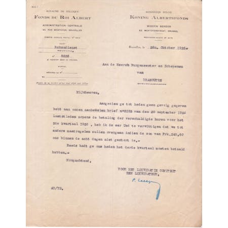 Brief van P. Lahaye, Liquidateur bij het Koning Albertsfonds 26-10-1926 1/1 © Gemeentearchief Heuvelland