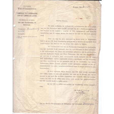 Brief van Baron Pecsteen, Voorzitter van de Provinciale Commissie tot Verfraaiing van het Landelijk Leven 30-01-1921 1/1 © Stadsarchief Ieper