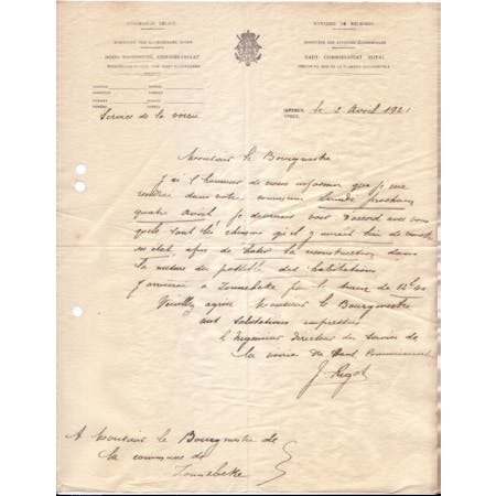 Brief van J. Rigot, Bestuurder van de Wegenisdienst 02-04-1921 1/1 © Gemeentearchief Zonnebeke