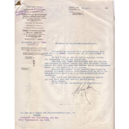 Afschrift van een brief van Toegevoegd Hoog Koninklijk Commissaris Alfred Ronse 14-10-1920 1/1 © Stadsarchief Diksmuide