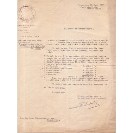 Brief van Staatscommissaris Verbeke 28-06-1937 1/1 © Gemeentearchief Heuvelland