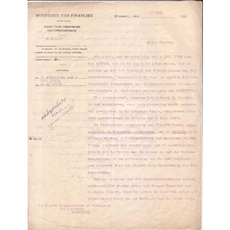 Brief van Verhaeghe, Algemeen Bestuurder van de Dienst voor Vereffening der Oorlogsschade 01-08-1929 1/2 © Gemeentearchief Heuvelland