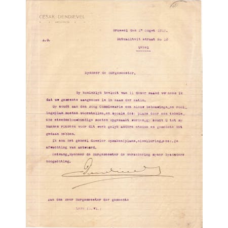 Brief van architect César Dendievel 15-08-1919 1/1© Stadsarchief Diksmuide