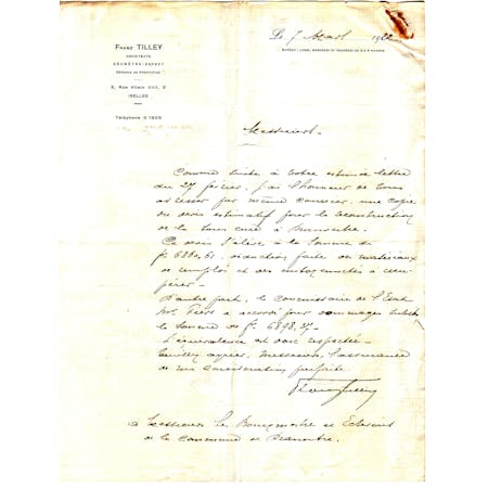 Brief van architect Franz Tilley 07-03-1922 1/1 © Gemeentearchief Heuvelland