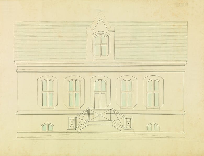 Pierre Devos, burgerhuis met pui in troubadoursgotiek, 19e eeuw