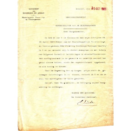 'Herinneringsbrief. Rondschrijven aan de burgemeesters' 25-10-1923 1/1 © Stadsarchief Diksmuide
