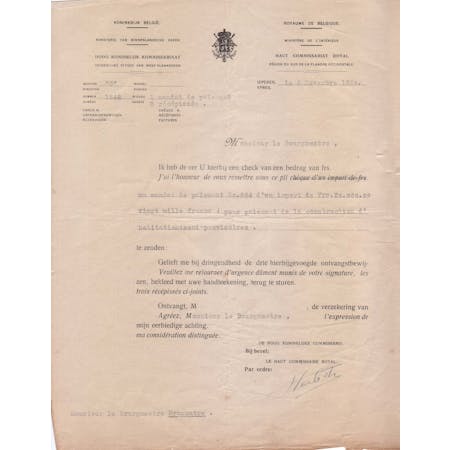 Brief van de Bestuurder der Rekenplichtigheid van de Dienst der Verwoeste Gewesten 08-11-1920 1/1 © Gemeentearchief Heuvelland