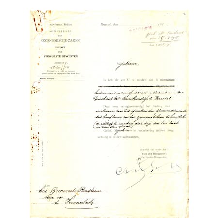 Brief in naam van de Onderbestuurder van Bestuur F van de Dienst der Verwoeste Gewesten 20-08-1925 1/1 © Gemeentearchief Zonnebeke