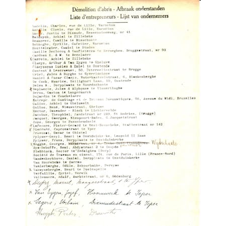 'Afbraak van onderstanden. Lijst van ondernemers' 22-02-1923 1/1 © Gemeentearchief Heuvelland