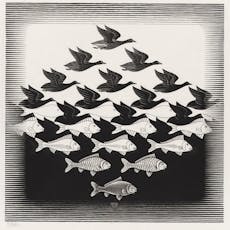 M.C. Escher, Lucht en water I, 1938, houtsnede. Collectie Kunstmuseum Den Haag.  © The M.C. Escher Company – Baarn – Holland. All rights reserved. www.mcescher.com