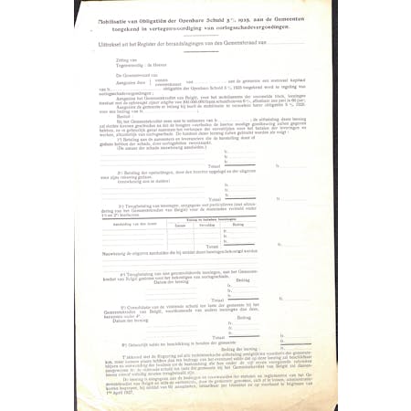 'Mobilisatie van Obligatiën der Openbare Schuld 5% 1925, aan de Gemeenten toegekend in vertegenwoordiging van oorlogsschadevergoedingen' 20-11-1930 1/2 © Stadsarchief Ieper