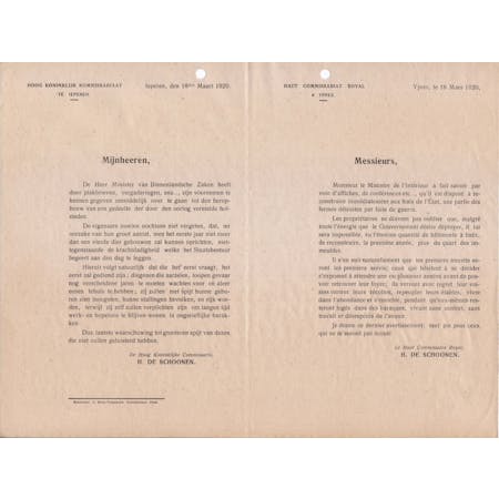 Omzendbrief van Hoog Koninklijk Commissaris Hendrik De Schoonen 18-03-1920 1/1