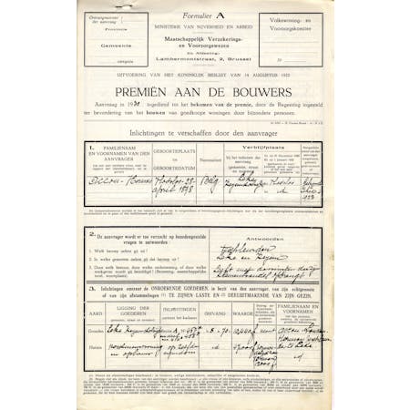 'Premiën aan de bouwers. Formulier A' 25-04-1930 1/4 © Stadsarchief Diksmuide