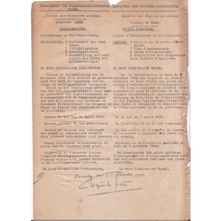 Besluit van goedkeuring van 'Inrichtings en Rooiingsontwerp' 06-12-1922 1/1 © Stadsarchief Diksmuide