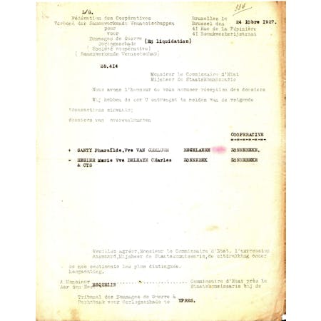 Brief van het Verbond der Samenwerkende Vennootschappen voor Oorlogsschade 24-10-1927 1/1 © Gemeentearchief Zonnebeke