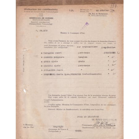 Brief van Maurice Willaert als onderdirecteur van het Verbond der Samenwerkende Vennootschappen voor Oorlogsschade 22-02-1924 1/1 © Gemeentearchief Zonnebeke